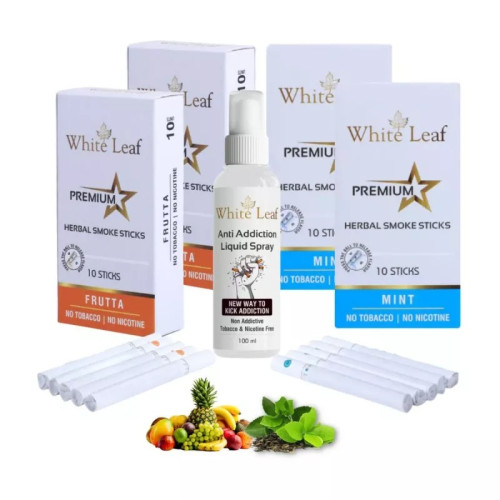 White Leaf Premium Herbal Cigarettes Frutta And Mint Flavour + Anti Addiction Liquid Spray (4 Boxes Each 10 Sticks + 100ml) (1Pack)