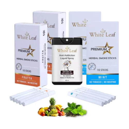 White Leaf Premium Herbal Cigarettes Frutta And Mint Flavour + Anti Addiction Liquid Spray (4 Boxes Each 10 Sticks + 20ml) (1Pack)