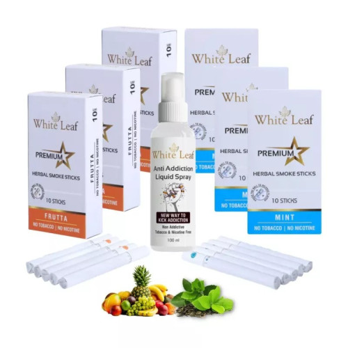 White Leaf Premium Herbal Cigarettes Frutta And Mint Flavour + Anti Addiction Liquid Spray (6 Boxes Each 10 Sticks + 100ml) (1Pack)