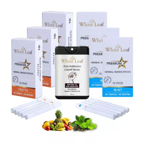 White Leaf Premium Herbal Cigarettes Frutta And Mint Flavour + Anti Addiction Liquid Spray (6 Boxes Each 10 Sticks + 20ml) (1Pack)