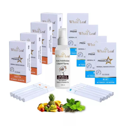 White Leaf Premium Herbal Cigarettes Frutta And Mint Flavour + Anti Addiction Liquid Spray (8 Boxes Each 10 Sticks + 100ml) (1Pack)