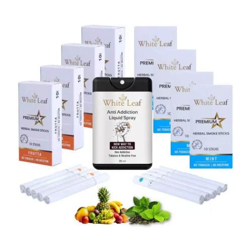 White Leaf Premium Herbal Cigarettes Frutta And Mint Flavour + Anti Addiction Liquid Spray (8 Boxes Each 10 Sticks + 20ml) (1Pack)