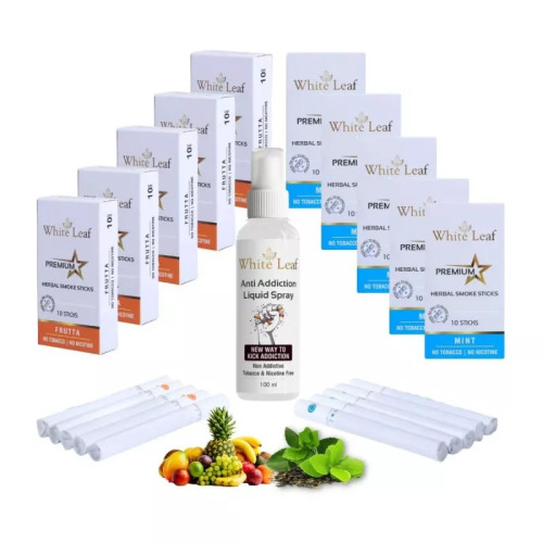 White Leaf Premium Herbal Cigarettes Frutta And Mint Flavour + Anti Addiction Liquid Spray (10 Boxes Each 10 sticks + 100ml) (1Pack)