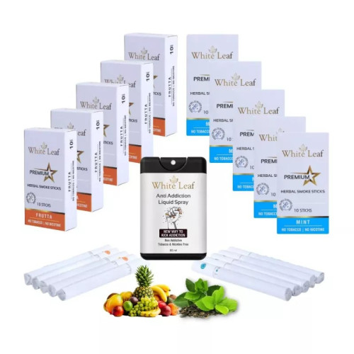 White Leaf Premium Herbal Cigarettes Frutta And Mint Flavour + Anti Addiction Liquid Spray (10 Boxes Each 10 Sticks + 20ml) (1Pack)