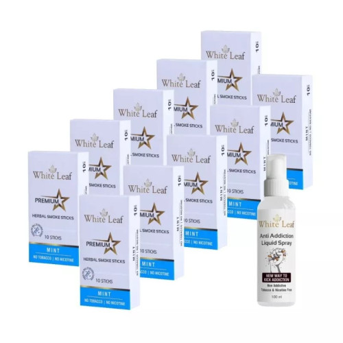 White Leaf Premium Herbal Cigarettes Mint Flavour + Anti Addiction Liquid Spray (10 Boxes Each 10 Sticks + 100ml) (1Pack)