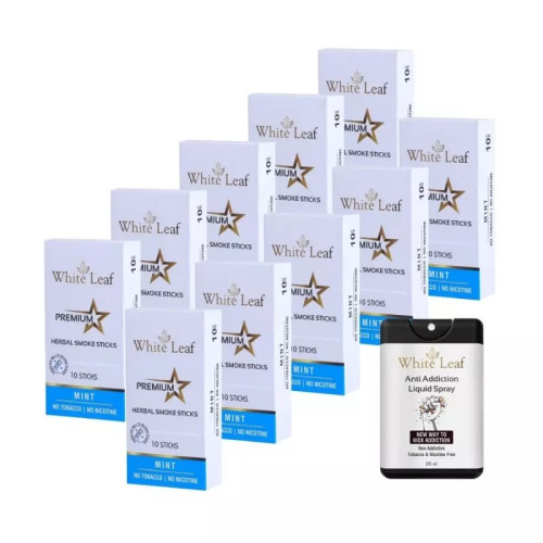 White Leaf Premium Herbal Cigarettes Mint Flavour + Anti Addiction Liquid Spray (10 Boxes Each 10 Sticks + 20ml) (1Pack)