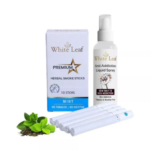 White Leaf Premium Herbal Cigarettes Mint Flavour + Anti Addiction Liquid Spray (10 Sticks + 100ml) (1Pack)