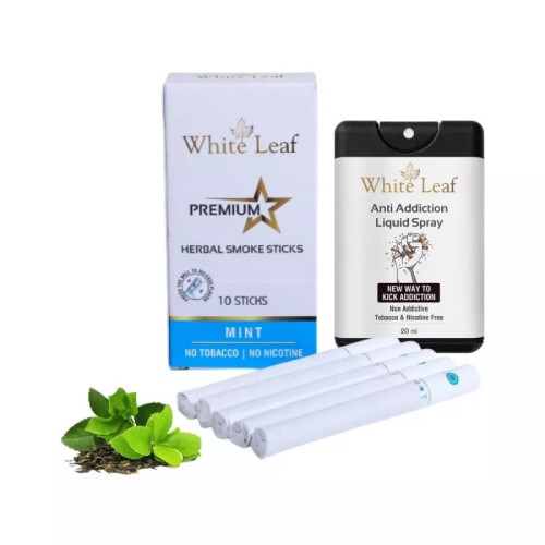 White Leaf Premium Herbal Cigarettes Mint Flavour + Anti Addiction Liquid Spray (10 Sticks + 20ml) (1Pack)