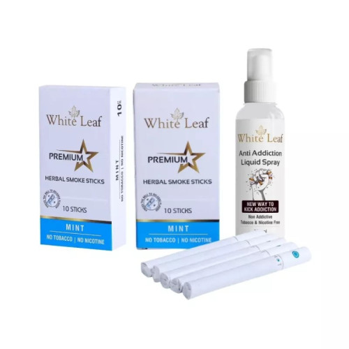 White Leaf Premium Herbal Cigarettes Mint Flavour + Anti Addiction Liquid Spray (2 Boxes Each 10 Sticks + 100ml) (1Pack)