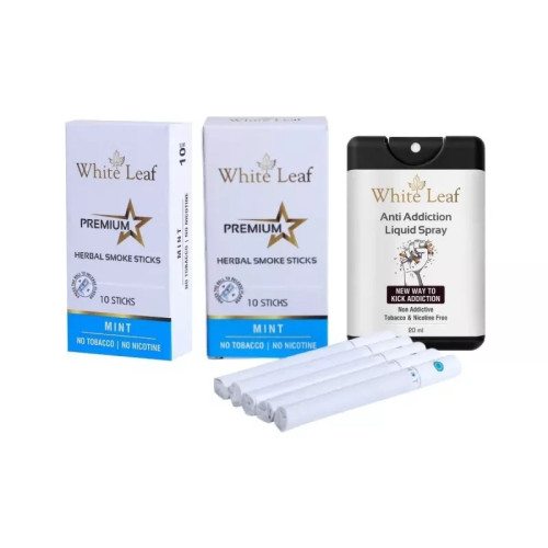 White Leaf Premium Herbal Cigarettes Mint Flavour + Anti Addiction Liquid Spray (2 Boxes Each 10 Sticks + 20ml) (1Pack)