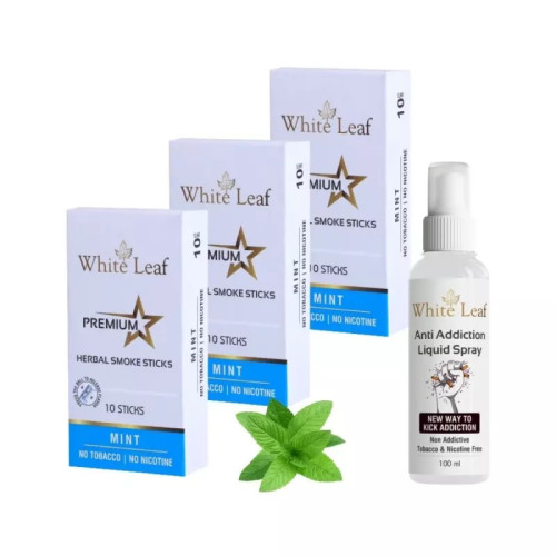 White Leaf Premium Herbal Cigarettes Mint Flavour + Anti Addiction Liquid Spray (3 Boxes Each 10 Sticks + 100ml) (1Pack)