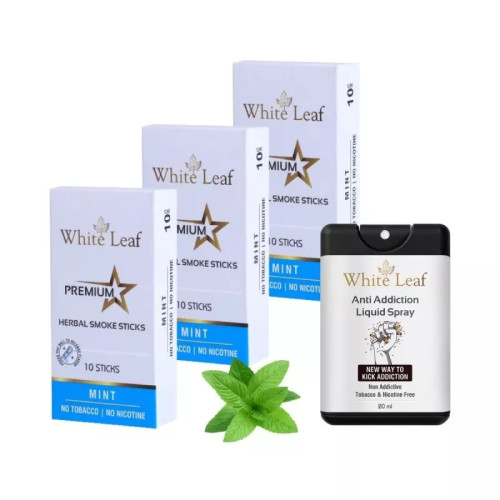 White Leaf Premium Herbal Cigarettes Mint Flavour + Anti Addiction Liquid Spray (3 Boxes Each 10 Sticks + 20ml) (1Pack)