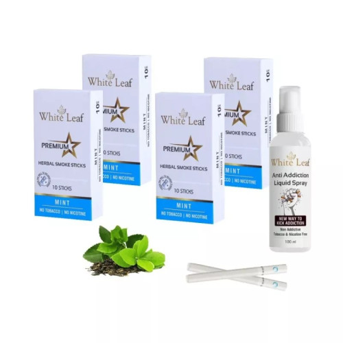 White Leaf Premium Herbal Cigarettes Mint Flavour + Anti Addiction Liquid Spray (4 Boxes Each 10 Sticks + 100ml) (1Pack)
