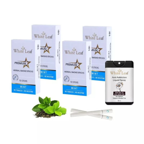 White Leaf Premium Herbal Cigarettes Mint Flavour + Anti Addiction Liquid Spray (4 Boxes Each 10 Sticks + 20ml) (1Pack)