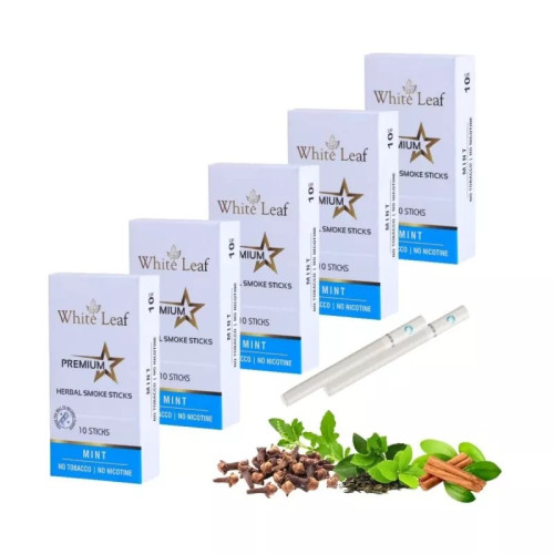 White Leaf Premium Herbal Cigarettes Mint Flavour (10pcs, Pack of 5)