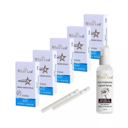 White Leaf Premium Herbal Cigarettes Mint Flavour + Anti Addiction Liquid Spray (5 Boxes Each 10 Sticks + 100ml) (1Pack)