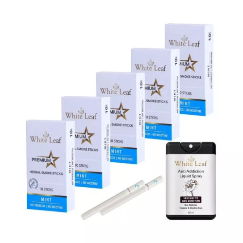 White Leaf Premium Herbal Cigarettes Mint Flavour + Anti Addiction Liquid Spray (5 Boxes Each 10 Sticks + 20ml) (1Pack)