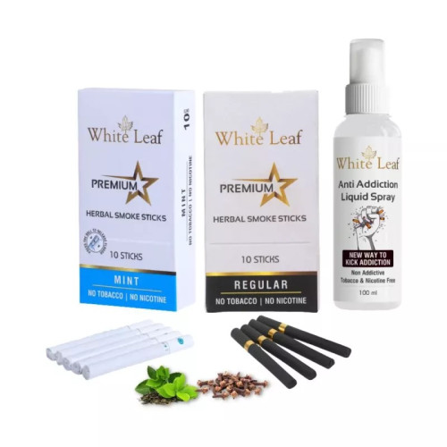 White Leaf Premium Herbal Cigarettes Mint And Regular Flavour + Anti Addiction Liquid Spray (2 Boxes Each 10 Sticks + 100ml) (1Pack)