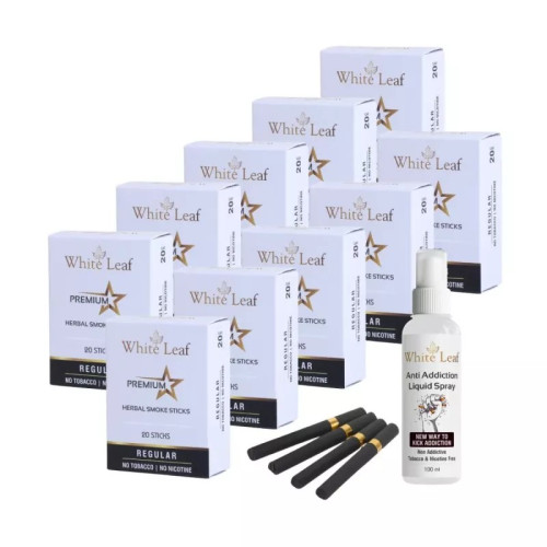 White Leaf Premium Herbal Cigarettes Regular Flavour + Anti Addiction Liquid Spray (10 Boxes Each 20 Sticks + 100ml) (1Pack)