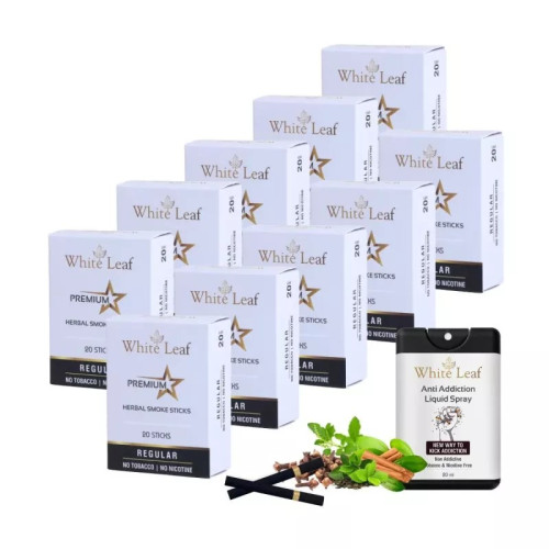 White Leaf Premium Herbal Cigarettes Regular Flavour + Anti Addiction Liquid Spray (10 Boxes Each 20 Sticks + 20ml) (1Pack)