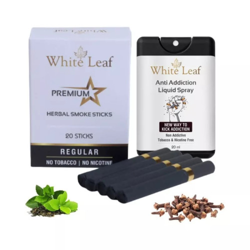 White Leaf Premium Herbal Cigarettes Regular Flavour + Anti Addiction Liquid Spray (20 Sticks + 20ml) (1Pack)