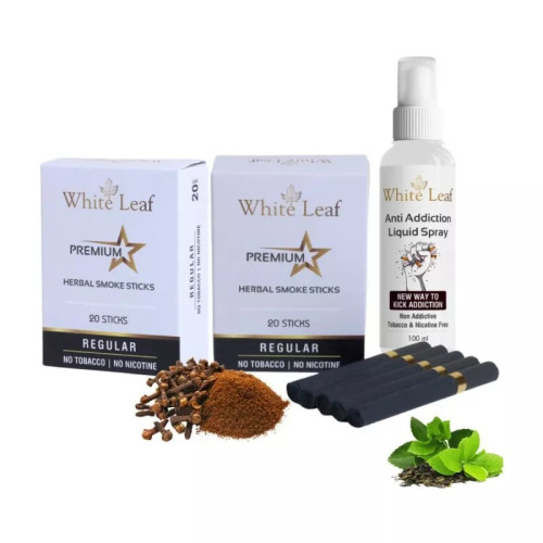White Leaf Premium Herbal Cigarettes Regular Flavour + Anti Addiction Liquid Spray (2 Boxes Each 20 Sticks + 100ml) (1Pack)