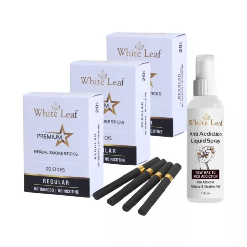 White Leaf Premium Herbal Cigarettes Regular Flavour + Anti Addiction Liquid Spray (3 Boxes Each 20 Sticks + 100ml) (1Pack)