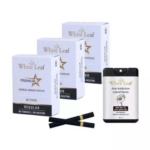 White Leaf Premium Herbal Cigarettes Regular Flavour + Anti Addiction Liquid Spray (3 Boxes Each 20 Sticks + 20ml) (1Pack)