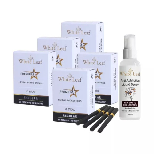 White Leaf Premium Herbal Cigarettes Regular Flavour + Anti Addiction Liquid Spray (4 Boxes Each 20 Sticks + 100ml) (1Pack)