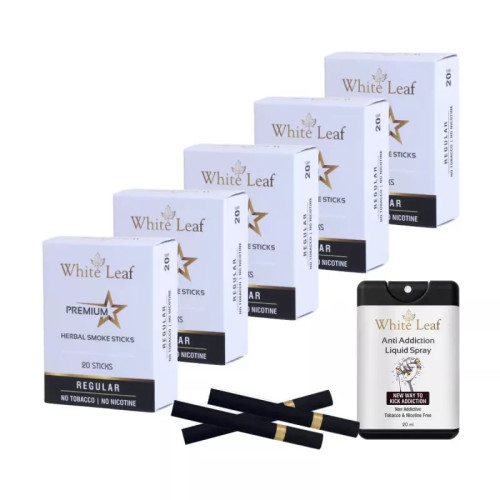 White Leaf Premium Herbal Cigarettes Regular Flavour + Anti Addiction Liquid Spray (5 Boxes Each 20 Sticks + 20ml) (1Pack)