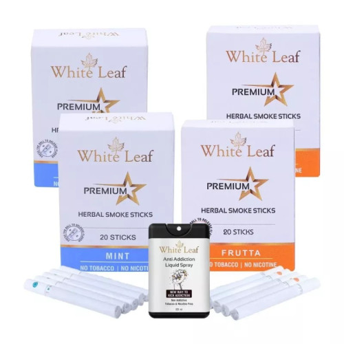 White Leaf Premium Herbal Cigarettes Frutta And Mint Flavour + Anti Addiction Liquid Spray (4 Boxes Each 20 Sticks + 20ml) (1Pack)