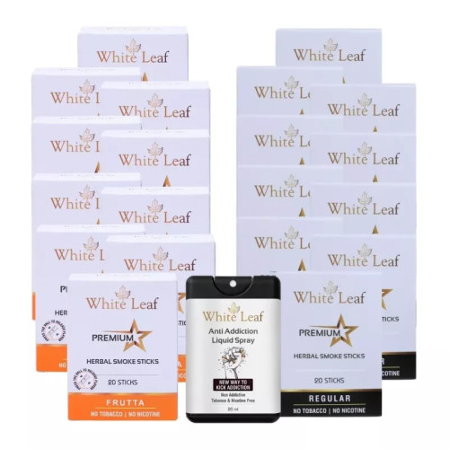 White Leaf Premium Herbal Cigarettes Frutta And Regular Flavour + Anti Addiction Liquid Spray (20 Boxes Each 20 Sticks + 20ml) (1Pack)