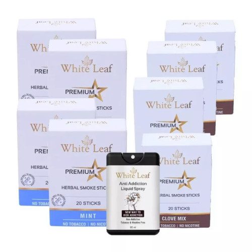 White Leaf Premium Herbal Cigarettes Clove And Mint Flavour + Anti Addiction Liquid Spray (8 Boxes Each 20 Sticks + 20ml) (1Pack)