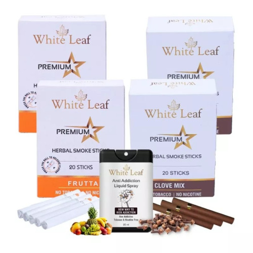 White Leaf Premium Herbal Cigarettes Frutta And Clove Flavour + Anti Addiction Liquid Spray (4 Boxes Each 20 Sticks + 20ml) (1Pack)