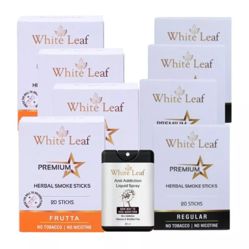 White Leaf Premium Herbal Cigarettes Frutta And Clove Flavour + Anti Addiction Liquid Spray (8 Boxes Each 20 Sticks + 20ml) (1Pack)