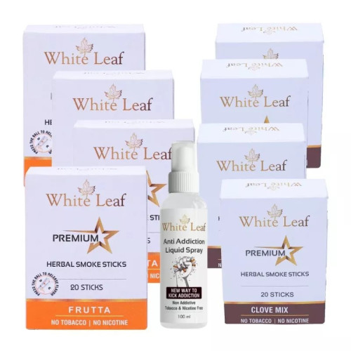 White Leaf Premium Herbal Cigarettes Frutta And Clove Flavour + Anti Addiction Liquid Spray (8 Boxes Each 20 Sticks + 100ml) (1Pack)