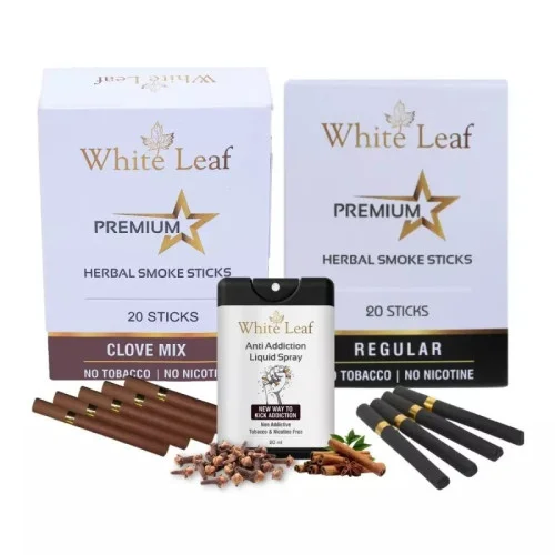 White Leaf Premium Herbal Cigarettes Clove And Regular Flavour + Anti Addiction Liquid Spray (2 Boxes Each 20 Sticks + 20ml) (1Pack)