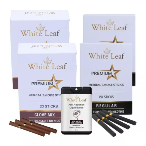 White Leaf Premium Herbal Cigarettes Clove And Regular Flavour + Anti Addiction Liquid Spray (4 Boxes Each 20 Sticks + 20ml) (1Pack)