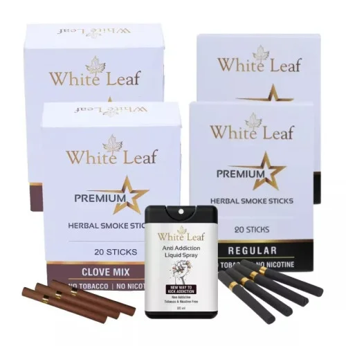 White Leaf Premium Herbal Cigarettes Clove And Regular Flavour + Anti Addiction Liquid Spray (4 Boxes Each 20 Sticks + 20ml) (1Pack)