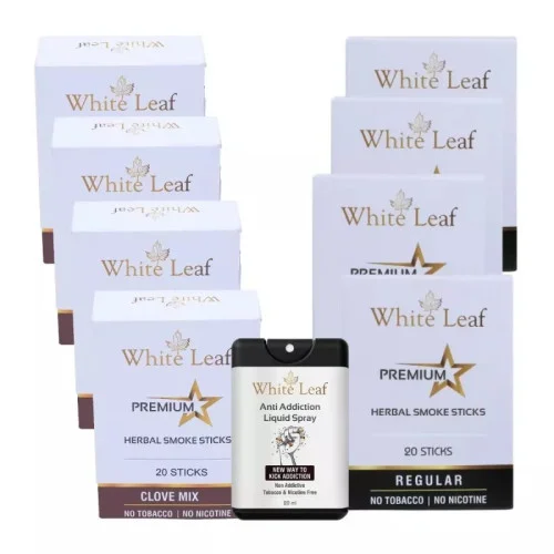 White Leaf Premium Herbal Cigarettes Clove And Regular Flavour + Anti Addiction Liquid Spray (8 Boxes Each 20 Sticks + 20ml) (1Pack)