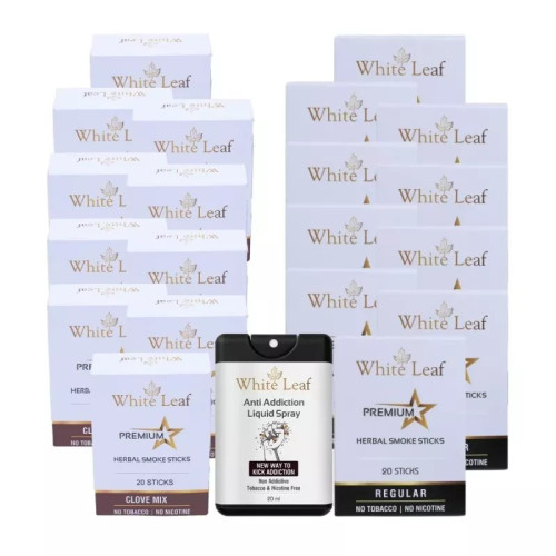 White Leaf Premium Herbal Cigarettes Clove And Regular Flavour + Anti Addiction Liquid Spray (20 Boxes Each 20 Sticks + 20ml) (1Pack)