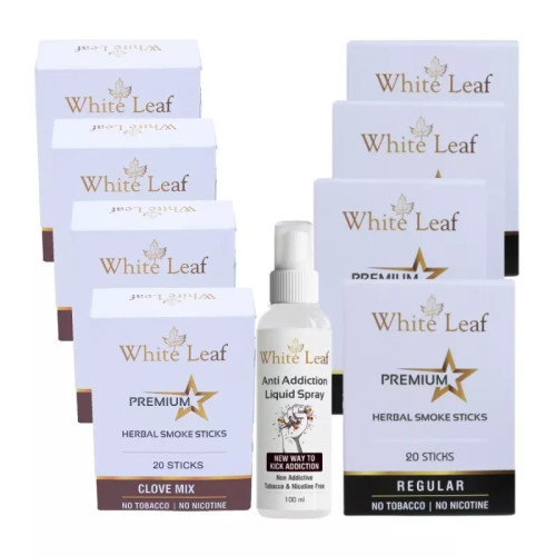 White Leaf Premium Herbal Cigarettes Clove And Regular Flavour + Anti Addiction Liquid Spray (8 Boxes Each 20 Sticks + 100ml) (1Pack)