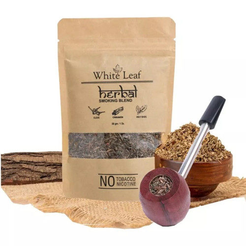 White Leaf Herbal Smoking Blend + Wooden Steel Pipe (100gm + 1Pcs) (1Pack)