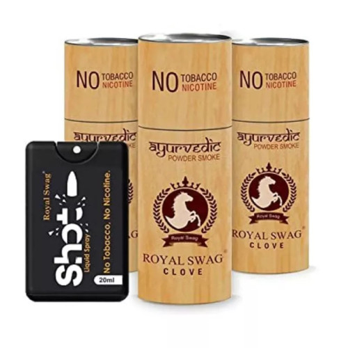 Royal Swag Nicotine Free Cigarette Clove Flavour Powder Smoke + Shot Liquid Spray (3 Can Each 5Pcs + 20ml) (1Pack)