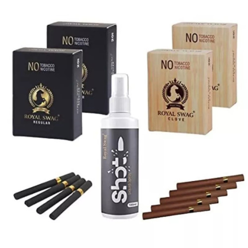 Royal Swag Nicotine Free Cigarette Regular And Clove Flavoured + Shot Liquid Spray (4 Boxes Each 20 Pcs + 100ml) (1Pack)