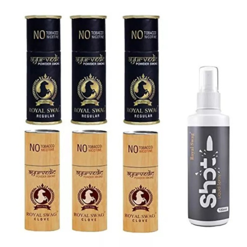 Royal Swag Nicotine Free Cigarette Regular And Clove Powder Smoke + Shot Liquid Spray (6 Can Each 5pcs + 100ml) (1Pack)
