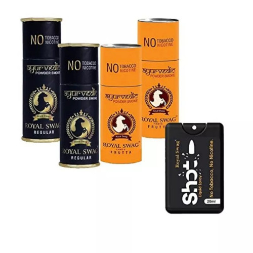 Royal Swag Nicotine Free Cigarette Regular And Frutta Powder Smoke + Shot Liquid Spray (4 Can Each 5pcs + 20ml) (1Pack)