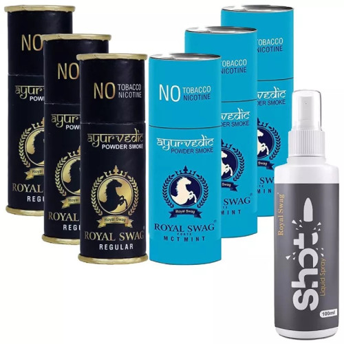 Royal Swag Nicotine Free Cigarette Regular And Mint Powder Smoke + Shot Liquid Spray (6 Can Each 5pcs + 100ml) (1Pack)