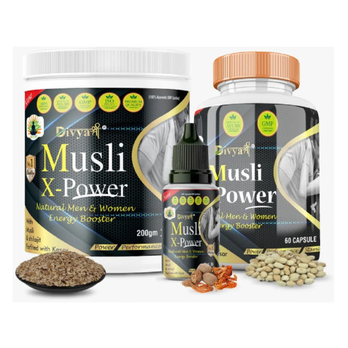 Divya Shree Musli X-Power  Capsules + Musli X-Power Oil + Musli X-Power Prash (60Cap + Oil 30ml + Prash 200g) (1Pack)