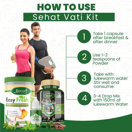 Divya Shree Easy Fresh Powder + Sehat Vati  Capsulesule + Punch Tulsi Drop (75gm + 60 Tablets + 30ml) (1Pack)